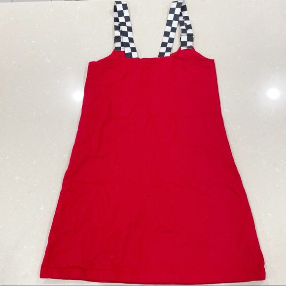 Lazy Oaf Checkered Buckle-Strap Pinafore Dress Red Black White XS - Picture 7 of 10